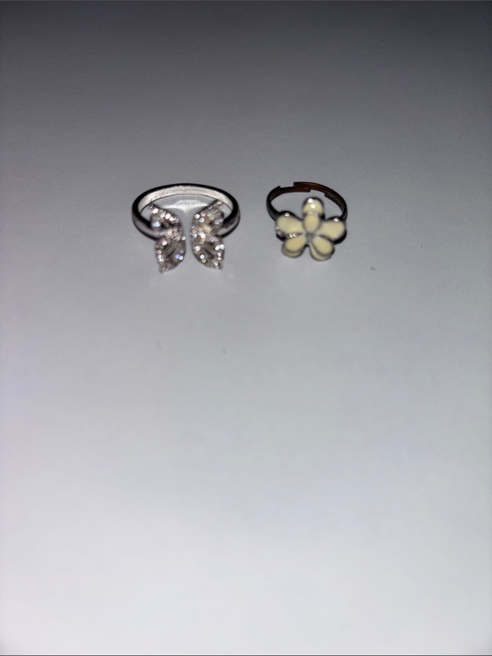 Adjustable Silver Crystal Butterfly Ring and Cream Flower Ring - Women Jewelry